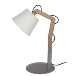 FREKI Lampe A Poser En Acier Et Bois - Abat-jour Tambour Tissu - 18 X 30-45 X H30-45 Cm - Bois Naturel, Taupe Et Noir - E27