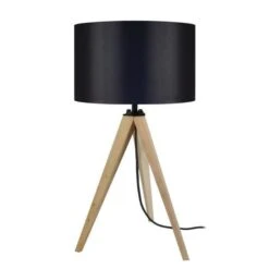 IDUN Lampe A Poser En Bois Naturel - Ø30 X H.56 Cm - Abat-jour Cylindrique Noir - E27 60W