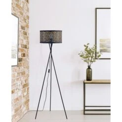 Lampadaire Trépied Métal Noir Abat Jour Tissu Noir Perforé H 140 Cm -OSRAM || Philips || Bosch Soldes lampadaire 26523no lampadaire trepied metal e2740w 3248116523304 576372