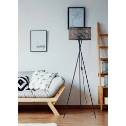 Lampadaire Trépied Métal Noir Abat Jour Tissu Noir Perforé H 140 Cm -OSRAM || Philips || Bosch Soldes lampadaire 26523no lampadaire trepied metal e2740w 3248116523304 576373