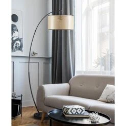 Lampadaire Arc Pied Métal Noir Abat Jour Impression Rotin 170 Cm -OSRAM || Philips || Bosch Soldes lampadaire 26751no arco beige 3248116751301 590285