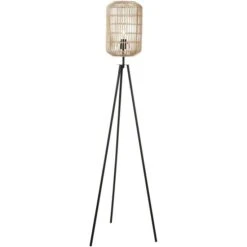 Lampadaire Trépied En Metal Noir Avec Abat Jour En Rotin Naturel 155 Cm