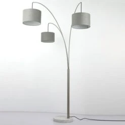 Lampadaire 3 Branches Tissu Gris Et Pied Métal Argenté Atelis -OSRAM || Philips || Bosch Soldes lampadaire 3 branches tissu gris et pied metal argente satellite 3327480054604 558052