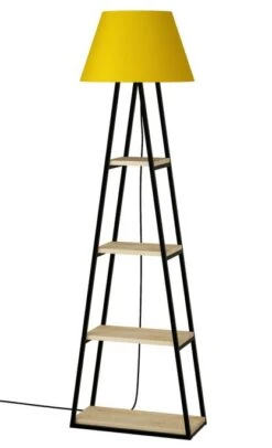 Lampadaire 4 étagères Tissu Jaune Et Bois Anthracite Et Chêne Clair Kasper 165 Cm