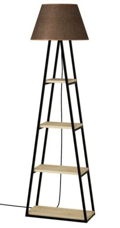 Lampadaire 4 étagères Tissu Marron Et Bois Anthracite Et Chêne Clair Kasper 165 Cm