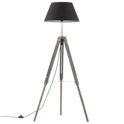 Lampadaire à Trépied Gris Et Noir Bois De Teck Massif 141 Cm