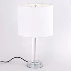 Lampe De Table Tissu Blanc Et Pied Verre Transparent Jullia