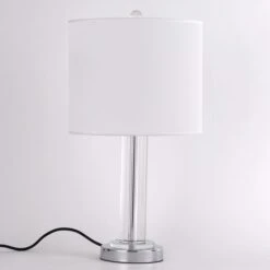 Lampe De Table Tissu Blanc Et Pied Verre Transparent Jullia -OSRAM || Philips || Bosch Soldes lampe de table tissu blanc et pied verre transparent giulia 3327480054529 558178