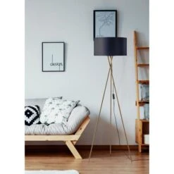 MIKADO - Lampadaire Trépied Métal Doré - Abat Jour En Tissu Noir - Diam 34 X H 140 Cm -OSRAM || Philips || Bosch Soldes mikado lampadaire trepied metal dore abat jour en tissu noir diam 34 x h 140 cm 779453