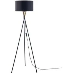 MIKADO - Lampadaire Trépied Métal Noir - Abat Jour Tissu Noir Et Doré - Diam 34 X H 140 Cm