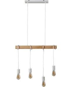 Suspension Industrielle 4 Ampoules Bois Clair Et Blanc Igo