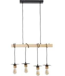 Suspension Industrielle 4 Ampoules Bois Clair Et Métal Noir Igo